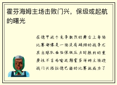 霍芬海姆主场击败门兴，保级或起航的曙光