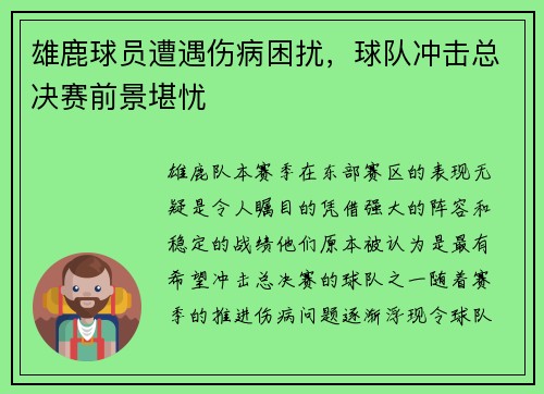 雄鹿球员遭遇伤病困扰，球队冲击总决赛前景堪忧