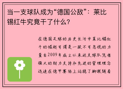 当一支球队成为“德国公敌”：莱比锡红牛究竟干了什么？