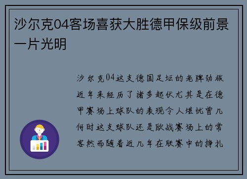 沙尔克04客场喜获大胜德甲保级前景一片光明